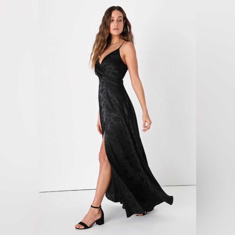 Lulus Forever Exquisite Black Satin Surplice Maxi Dress. NWT. Size small.